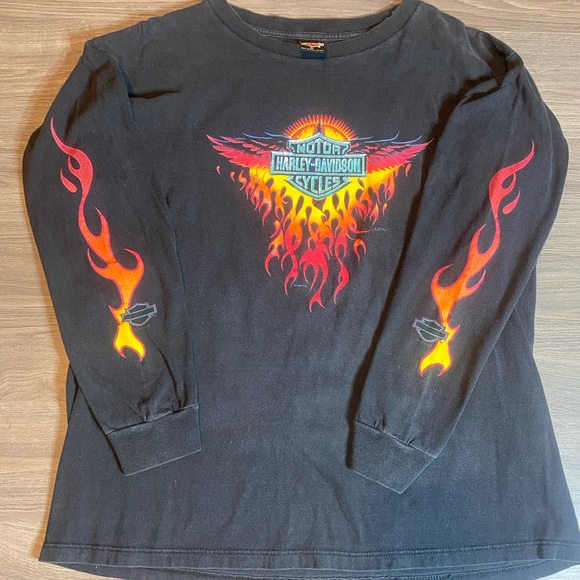Harley-Davidson Other - Vintage 90’s Harley-Davidson Black Long Sleeve with Red-Orange Flame Graphic